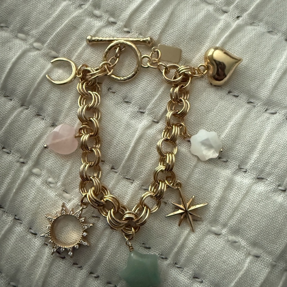 Gold Charm Bracelet with Pink, White & Green Stone Charms